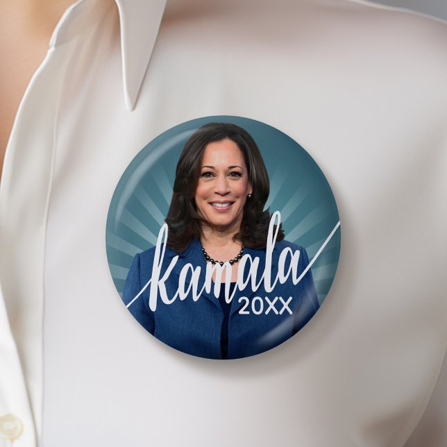 Kamala Harris 2024 - blue teal with script name 2 Inch Round Button (Kamala Harris Campaign Button - Great Rally button for the Next Election)