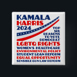 Kamala Harris 2024 Election Democrat Platform 2 Inch Square Button<br><div class="desc">Vote for Kamala Harris for president in the 2024 presidential election to support the democratic party platform. This democrat button shows a this list of six reasons: LGBTQ rights, women's healthcare, environmental policy, student loan reform, equal opportunity for minorities and women, sensible gun laws, and other values. Show people your...</div>