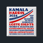 Kamala Harris 2024 Election Democrat Platform 2 Inch Square Button<br><div class="desc">Vote for Kamala Harris for president in the 2024 presidential election to support the democratic party platform. This democrat button shows a this list of six reasons: LGBTQ rights, women's healthcare, environmental policy, student loan reform, equal opportunity for minorities and women, sensible gun laws, and other values. Show people your...</div>