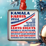 Kamala Harris 2024 Election Platform Christmas Metal Ornament<br><div class="desc">Vote for Kamala Harris for president in the 2024 presidential election to support the democratic party platform. This democrat ornament shows a this list of six reasons: LGBTQ rights, women's healthcare, environmental policy, student loan reform, equal opportunity for minorities and women, sensible gun laws, and other values. Show people your...</div>