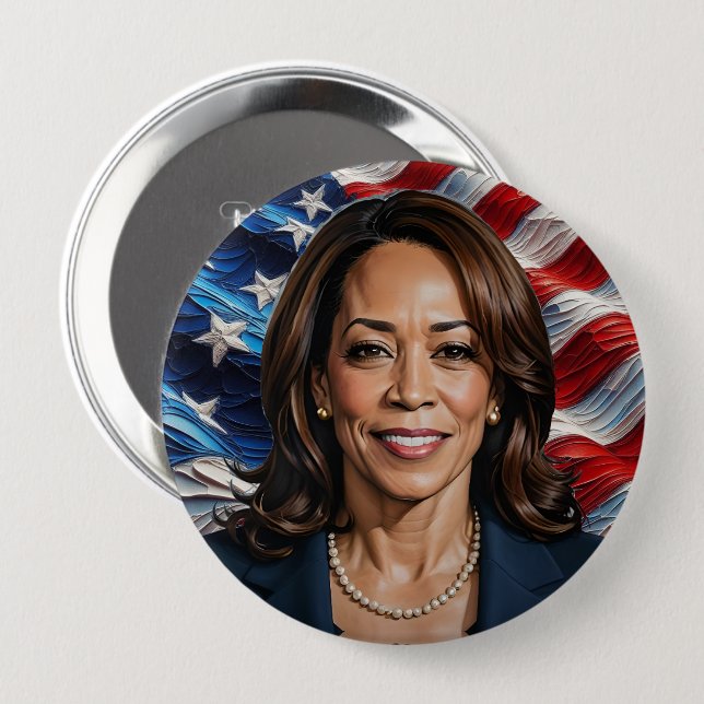  Kamala Harris and American Flag 4 Inch Round Button (Front & Back)