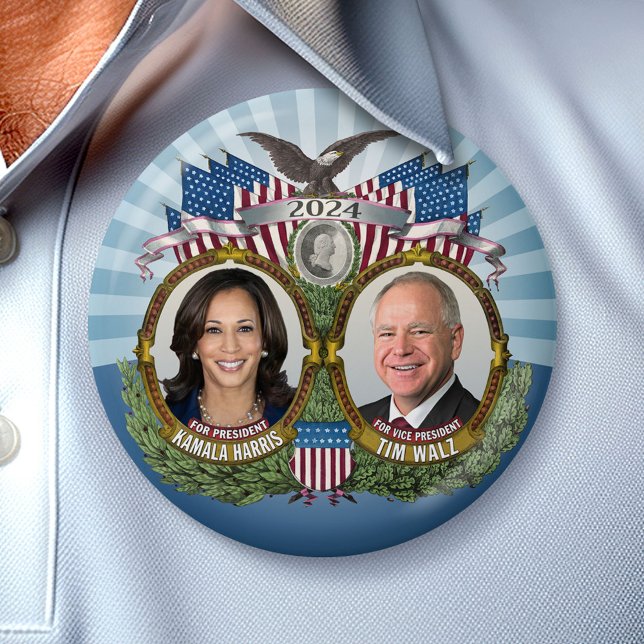 Kamala Harris and Tim Walz 2024 - Classic Jugate 3 Inch Round Button (Campaign Button)