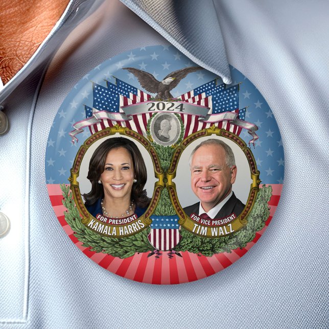 Kamala Harris and Tim Walz 2024 - Stars Jugate 3 Inch Round Button (Campaign Button)