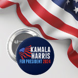 Kamala Harris for President 2024 Dark Blue 2 Inch Round Button<br><div class="desc">Kamala Harris for President 2024 Election navy blue button with waving American flag. Cute red,  white,  and blue design for a patriotic democrat voting in the presidential election.</div>