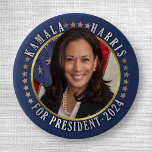 Kamala Harris for President 2024 Democrat Photo 1 Inch Round Button<br><div class="desc">Kamala Harris for President 2024 political button with Harris's photograph in the centre in front of an American flag | Political election gear for Democrats | campaign merchandise for United States 2024 election | Check out more Harris merch here: https://www.zazzle.com/collections/119162550730853893</div>