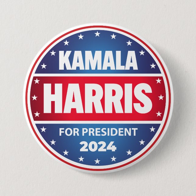 Kamala Harris For President 2024 Stars Blue Red  3 Inch Round Button (Front)