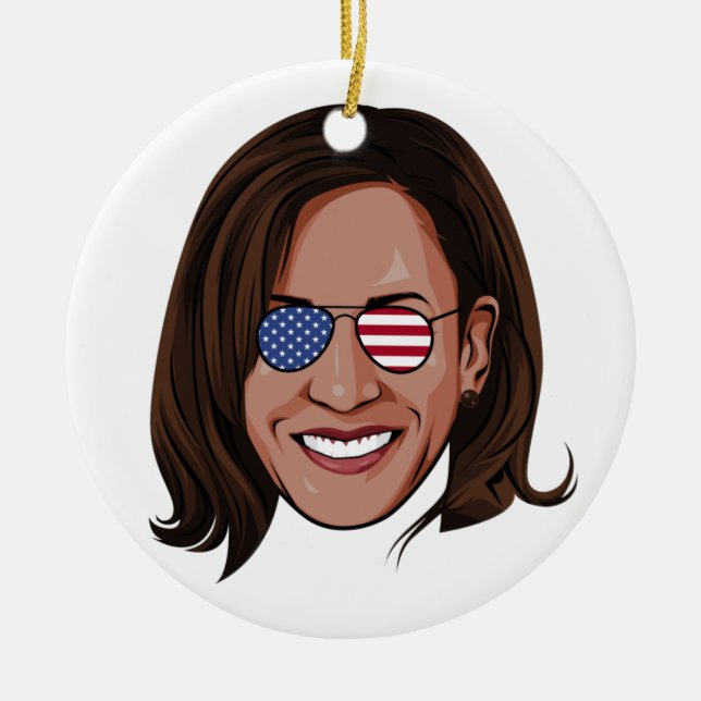 Kamala Harris - Head with Aviators Patriotic Ceramic Ornament (Front)