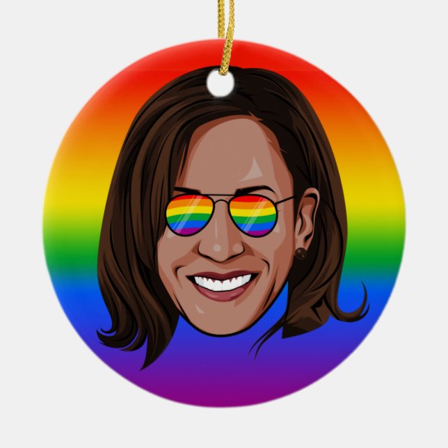 Kamala Harris - Head with Aviators Rainbow Ceramic Ornament (Front)