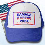 Kamala Harris Not Going Back Trucker Hat<br><div class="desc">Stand up and speak out with this trucker hat supporting Kamala Harris campaign for President. Features Americana stylized lettering in red,  white and blue. Text caption "We're Not Going Back" is editable. Your choice of colour styles.</div>