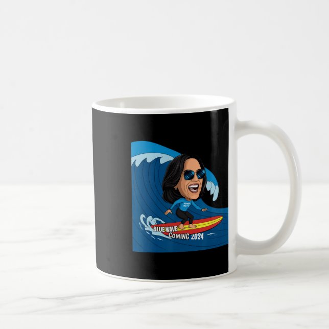 Kamala Harris Riding Surfboard On A Blue Wave  Coffee Mug (Right)