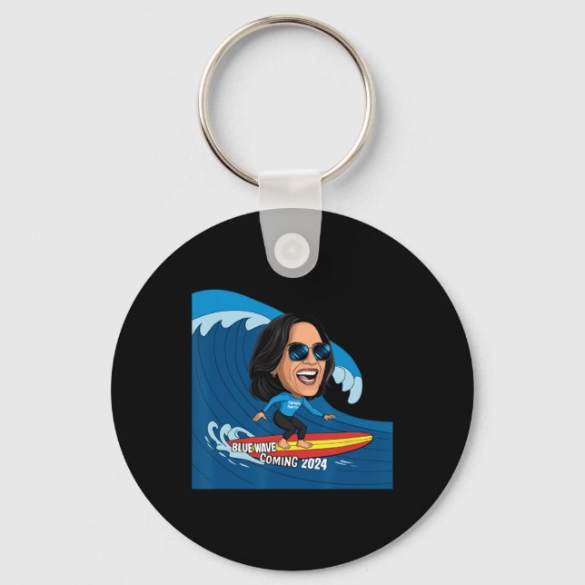 Kamala Harris Riding Surfboard On A Blue Wave  Keychain (Front)