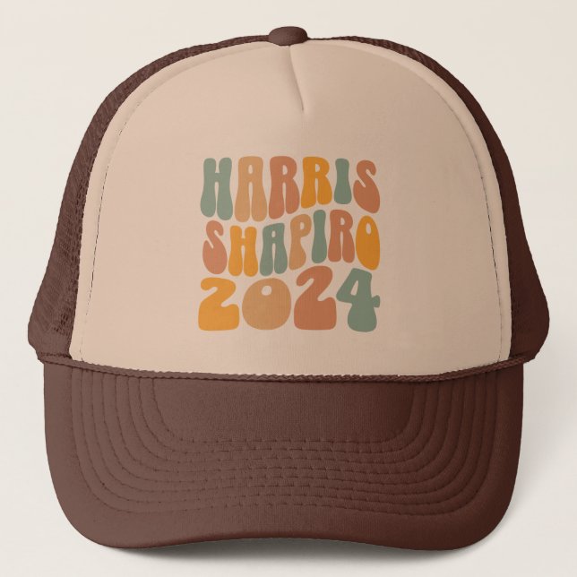 Kamala Harris Shapiro Wavy Text Retro Trendy Trucker Hat (Front)