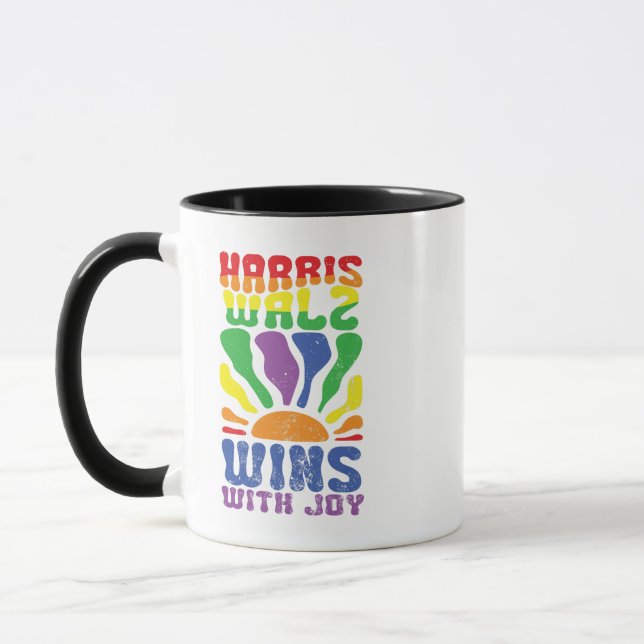Kamala Wins with Joy Retro Boho Harris Walz LGBT   Mug (Left)