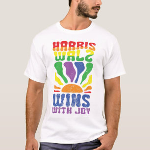 Kamala Wins with Joy Retro Boho Harris Walz LGBT   T-Shirt