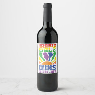 Kamala Wins with Joy Retro Boho Harris Walz LGBT   Wine Label