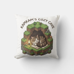 KAMKAM's Cozy Cave Sleeping Voxel Cat Art Throw Pillow