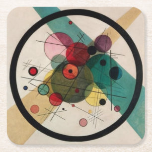 Kandinsky Abstract Circles in a Circle Square Paper Coaster
