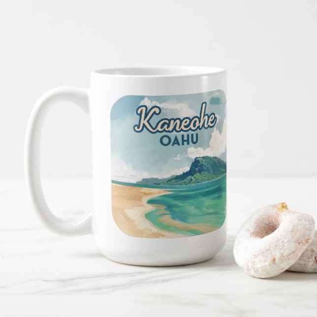 Kaneohe Sandbar Oahu Hawaii Retro Coffee Mug (With Donut)