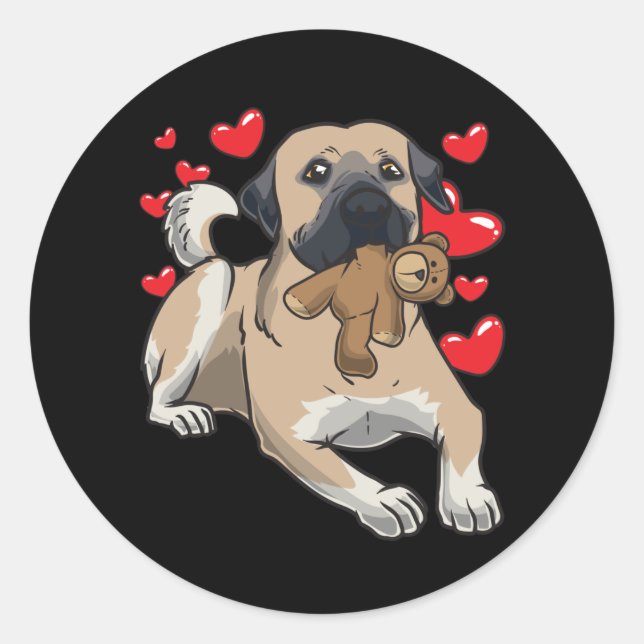 Kangal dog with stuffed animal and many hearts classic round sticker (Front)