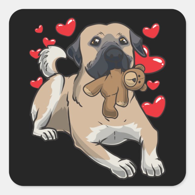 Kangal dog with stuffed animal and many hearts square sticker (Front)