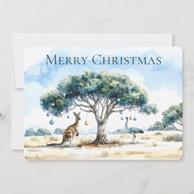 Kangaroo and Emu Christmas Gumtree Baubles Holiday Card (Front)