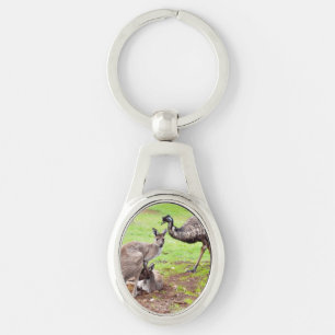 Kangaroo And Emu Metal Silver Oval Keyring