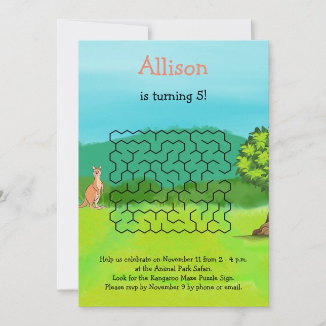 Kangaroo and Leaves Maze Birthday Invitations (Front)