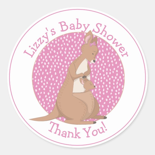 Kangaroo Baby Girl Shower Pink Thank You Classic Round Sticker (Front)