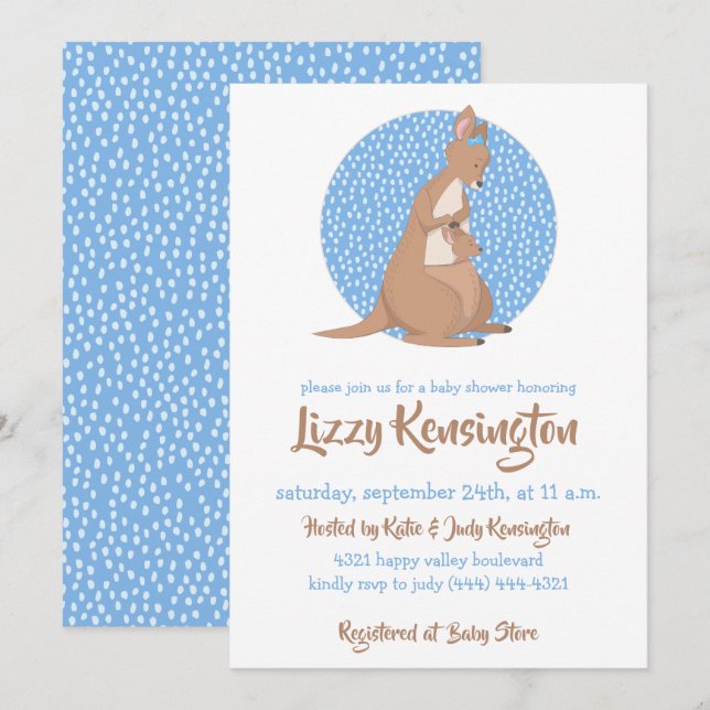 Kangaroo Baby Shower Blue Pattern Invitation (Front/Back)