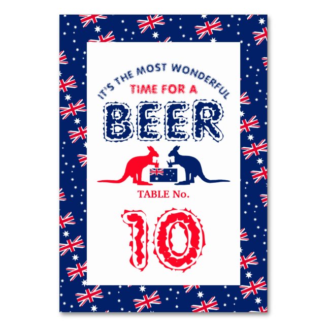 Kangaroo Beer, Australian Flag, Christmas Party Table Number (Front)