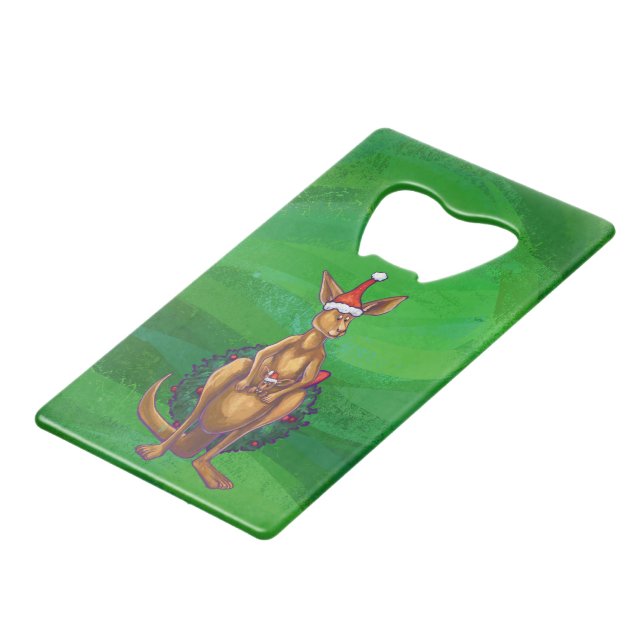 Kangaroo Christmas on Painted Green Back Credit Card Bottle Opener (Front Angled)
