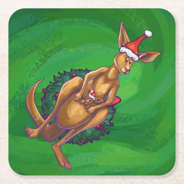 Kangaroo Christmas on Painted Green Back Square Paper Coaster (Front)