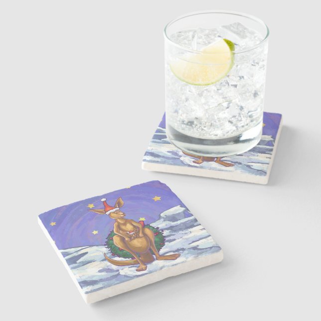 Kangaroo Christmas Starry Night Stone Coaster (Side)