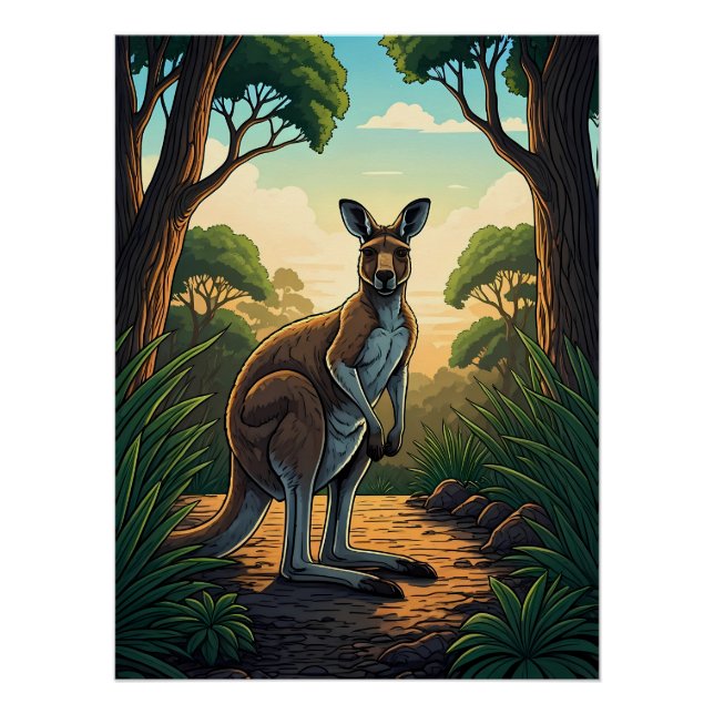 Kangaroo in Sunlit Forest Poster (Front)