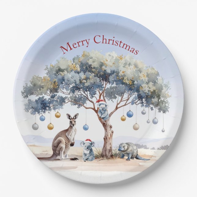 Kangaroo Koalas Platypus Christmas Gumtree Baubles Paper Plate (Front)