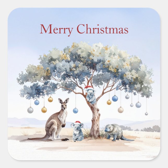 Kangaroo Koalas Platypus Christmas Gumtree Baubles Square Sticker (Front)