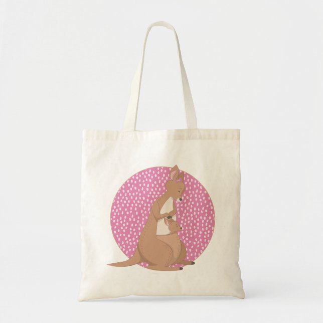 Kangaroo Mommy and Baby Joey on Pink Pattern Tote Bag (Front)