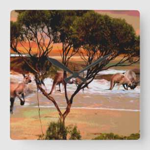 Kangaroo Oil Painting The Beach, Square Wall Clock