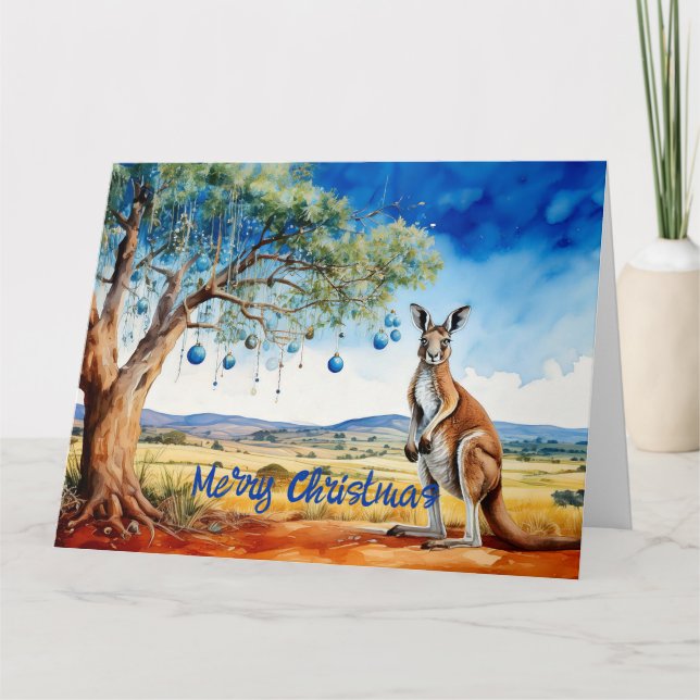 Kangaroo under gumtree with Christmas baubles Card (Front)
