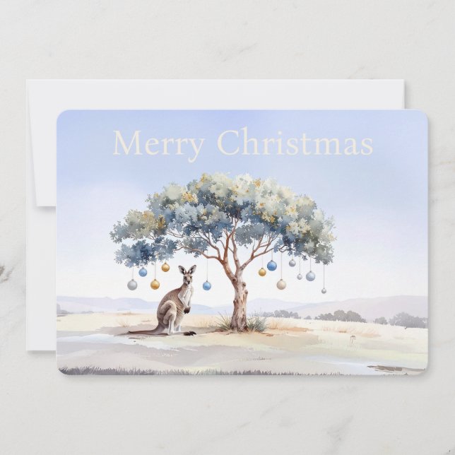Kangaroo under gumtree with Christmas baubles Holiday Card (Front)