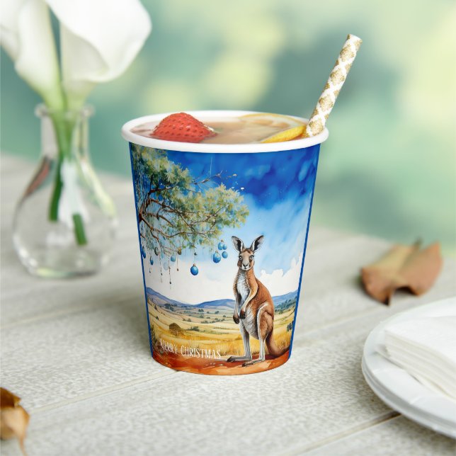 Kangaroo under gumtree with Christmas baubles Paper Cups (Insitu)
