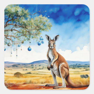 Kangaroo under gumtree with Christmas baubles Square Sticker