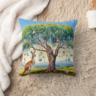 Kangaroo under gumtree with Christmas baubles Throw Pillow