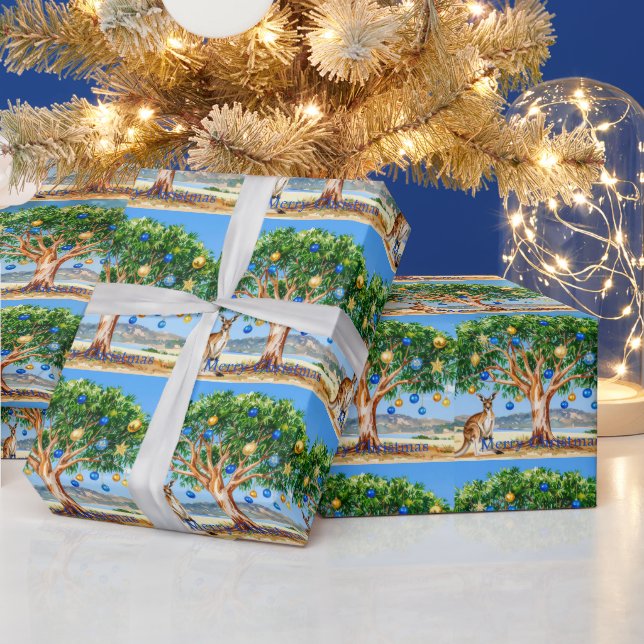 Kangaroo under gumtree with Christmas baubles Wrapping Paper (Holidays)