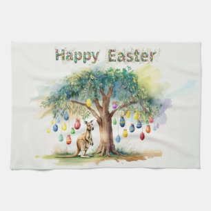 Kangaroo under gumtree with Easter eggs Kitchen Towel