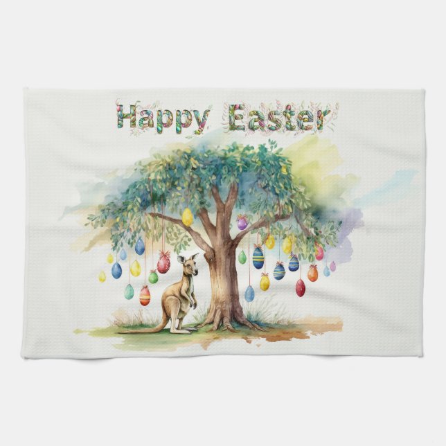 Kangaroo under gumtree with Easter eggs Kitchen Towel (Horizontal)