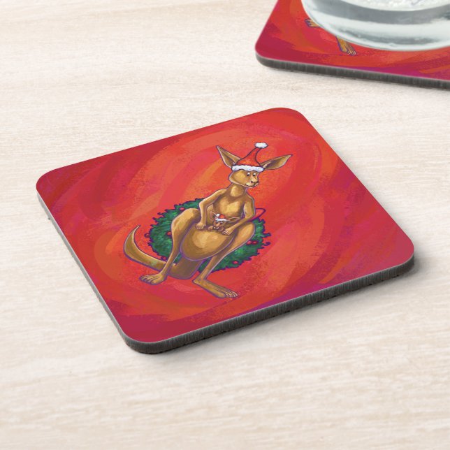 Kangaroo Xmas On Red Coaster (Left Side)