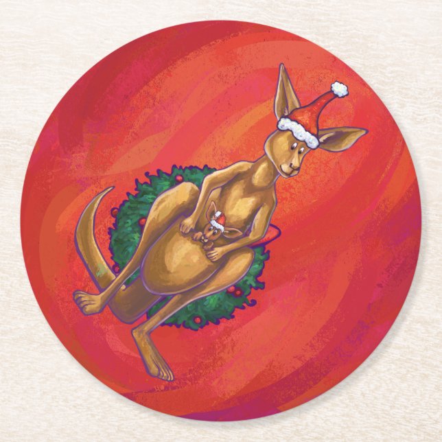 Kangaroo Xmas On Red Round Paper Coaster (Front)