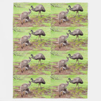 Kangaroos And Emu, Large Fleece Blanket.