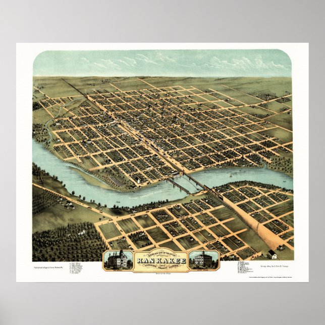 Kankakee, IL Panoramic Map - 1869 Poster (Front)
